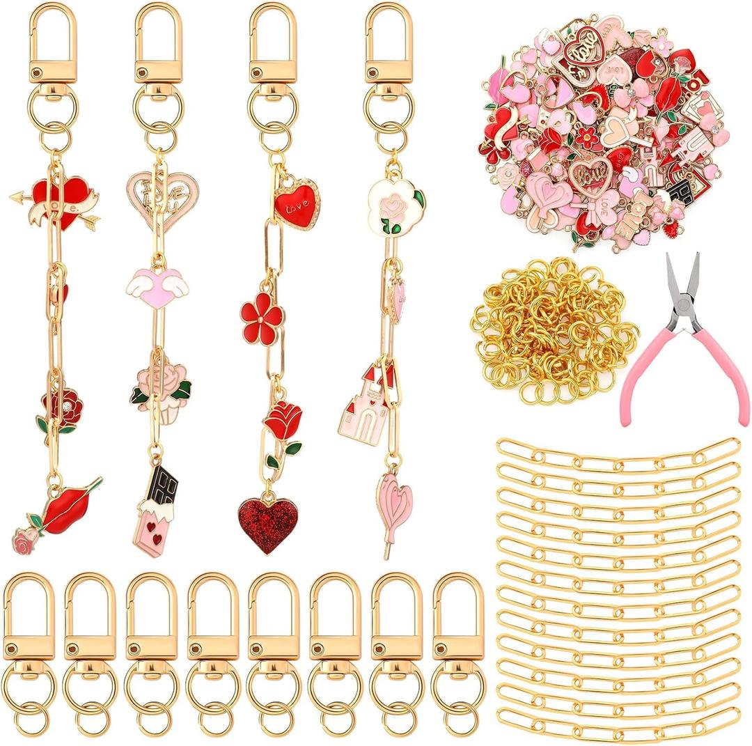Tondiamo 286 Pieces Galentines Day Keychain Making Kit Gift Valentine's Day DIY Craft Red Pink Heart Love Bag Charms for Keychain Jewelry Making for Friends Women Adults