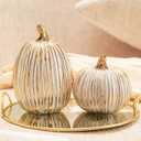 DN DECONATION White and Gold Fall Pumpkin Decorations Thanksgiving Table Centerpieces, 2 Pcs Artificial Luxury Resin Pumpkins Figurines for Decorating, Autumn Harvest Fall Home Decor Shelf Mantel (Set of 2)