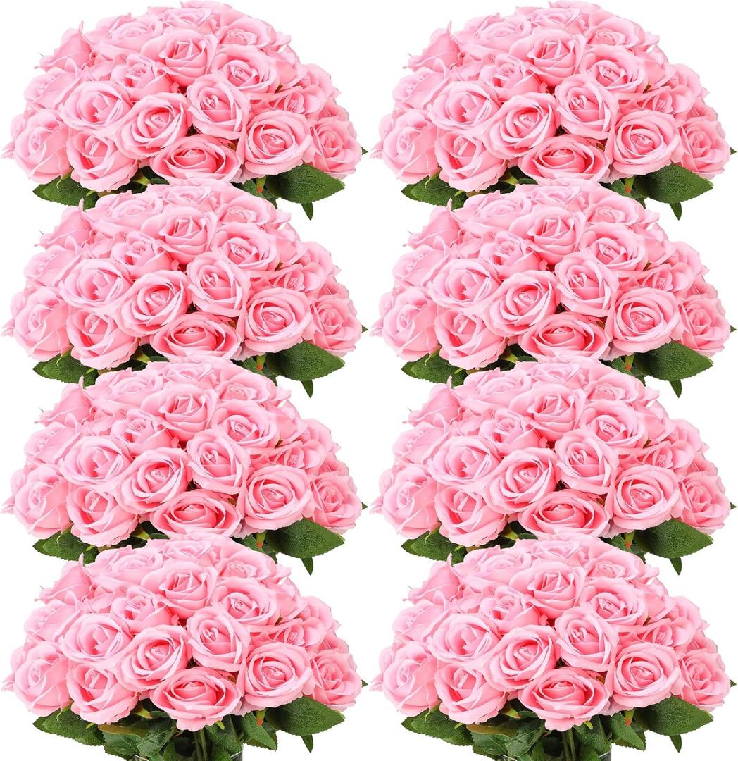 Hotop 120 Pcs Roses Artificial Flowers in Bulk,Long Stem Artificial Flower Bouquet, Silk Real Touch Fake Rose for Wedding Party Table Centerpieces Decor Valentines Gifts(Pink)