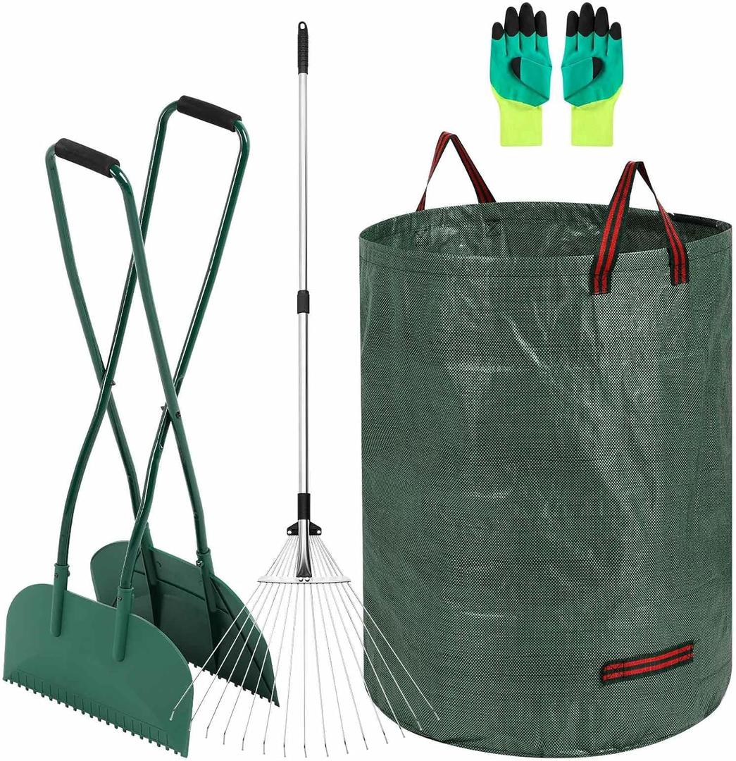 Leaf Grabber and Adjustable Metal Rake Set with Long Handle, 79-Gallon Reusable Yard Waste Bags & Gloves  Complete Leaf Collector Tool Kit