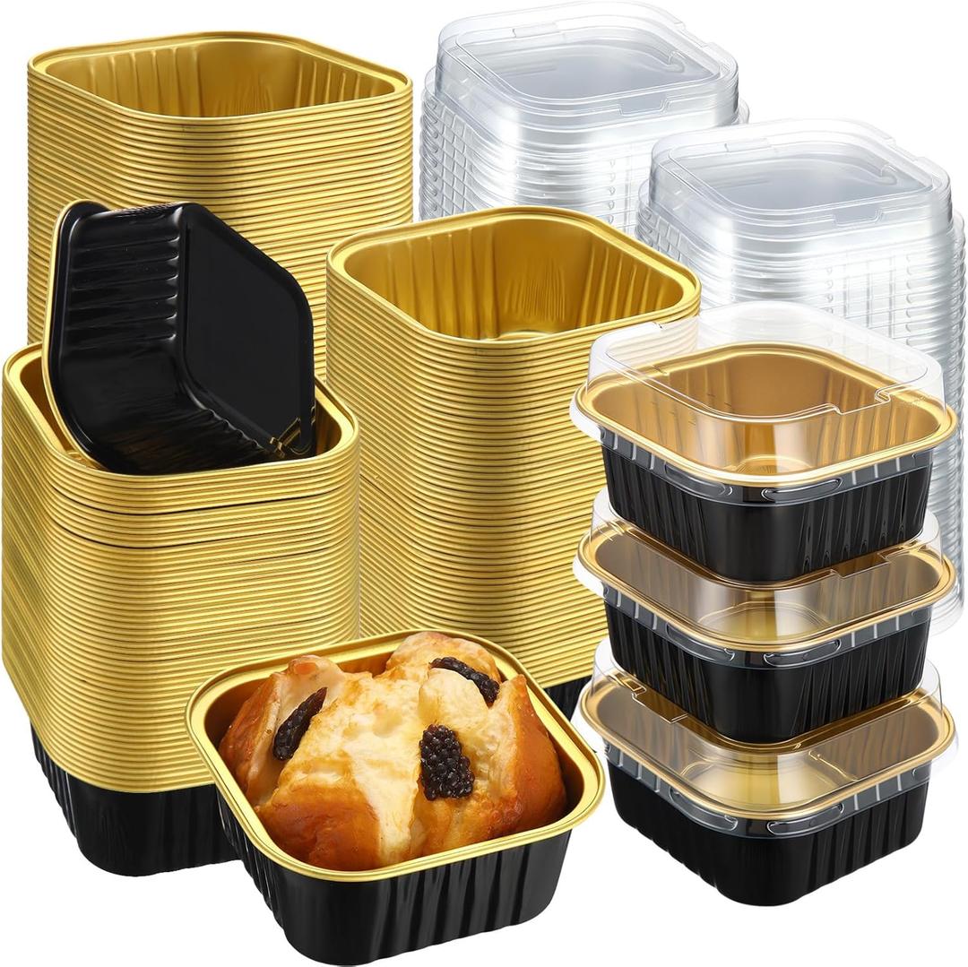 200 Pack 5 oz Mini Cake Pans with Lid, Aluminum Foil Mini Baking Tins, Square Disposable Cupcake Baking Cups Dessert Containers for Wedding Birthday Party Picnic Gathering(Black,Classic)