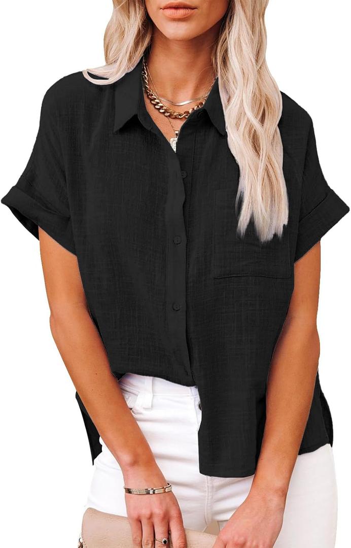 Womens Cotton Linen Button Down Shirts Short Sleeve Dress Shirts Casual Summer Tops Blouses with Pockets (Black, M)