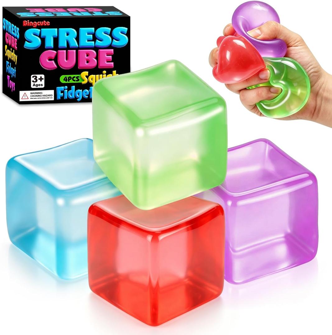 Bingcute 4 Pack Stress Cube Fidget Squishy Slow Rising Squeeze Sensory Stress Balls for Adults Kids Teens Boys Girls Anxiety Relief Birthday Gifts Party Favors