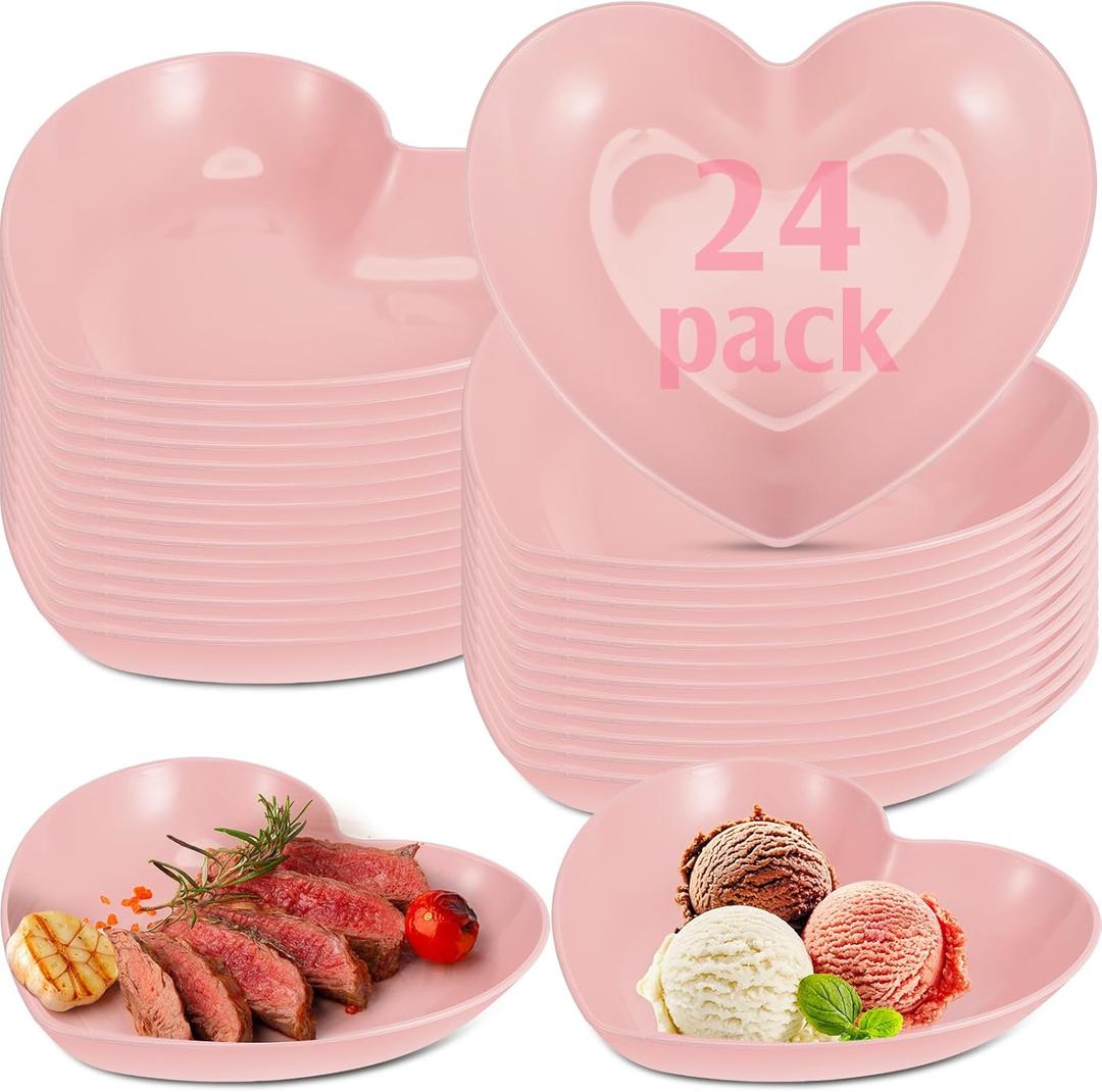 Domensi 24 Pcs Valentines Heart Shaped Bowls 8.66 Inch Heart Shaped Wheat Straw Plates Bulk Unbreakable for Dinner Appetizer Sauce Dish Dipping Snack Sushi Salad Fruit Dessert Steak Serving(Pink)