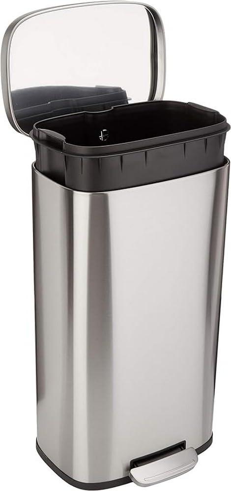 Amazon Basics Smudge Resistant Rectangular Trash Can with Soft-Close Lid, Foot Pedal, Removable Inner Bucket, 30 Liter/ 7.9 Gallon, Brushed Stainless Steel, Satin Nickel Finish, 13.8"L x 11.8"W x 25"H