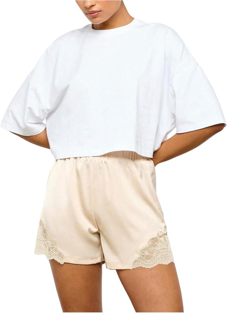 Milumia Women's Lace Trim Satin Mini Shorts Elastic High Waist Loose Casual Lounge Shorts (Medium, Beige)