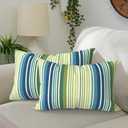 DYTXIII Set of 2 Outdoor Lumbar Pillow Covers Waterproof 12 x 20 Inch, Rectangle Decorative Fade Resistant Throw Pillowcase for Balcony, Porch, Couch and Patio Furniture Use - Stripe Blue Green
