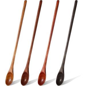 4 Pcs 13 Inch Long Handle Wooden Spoons for Cooking Long Handle Tasting Tea Spoon Wooden Utensils Vintage Stirrer for Kitchen Soup Coffee Cocktail Honey Mixing Stirring, 4 Colors