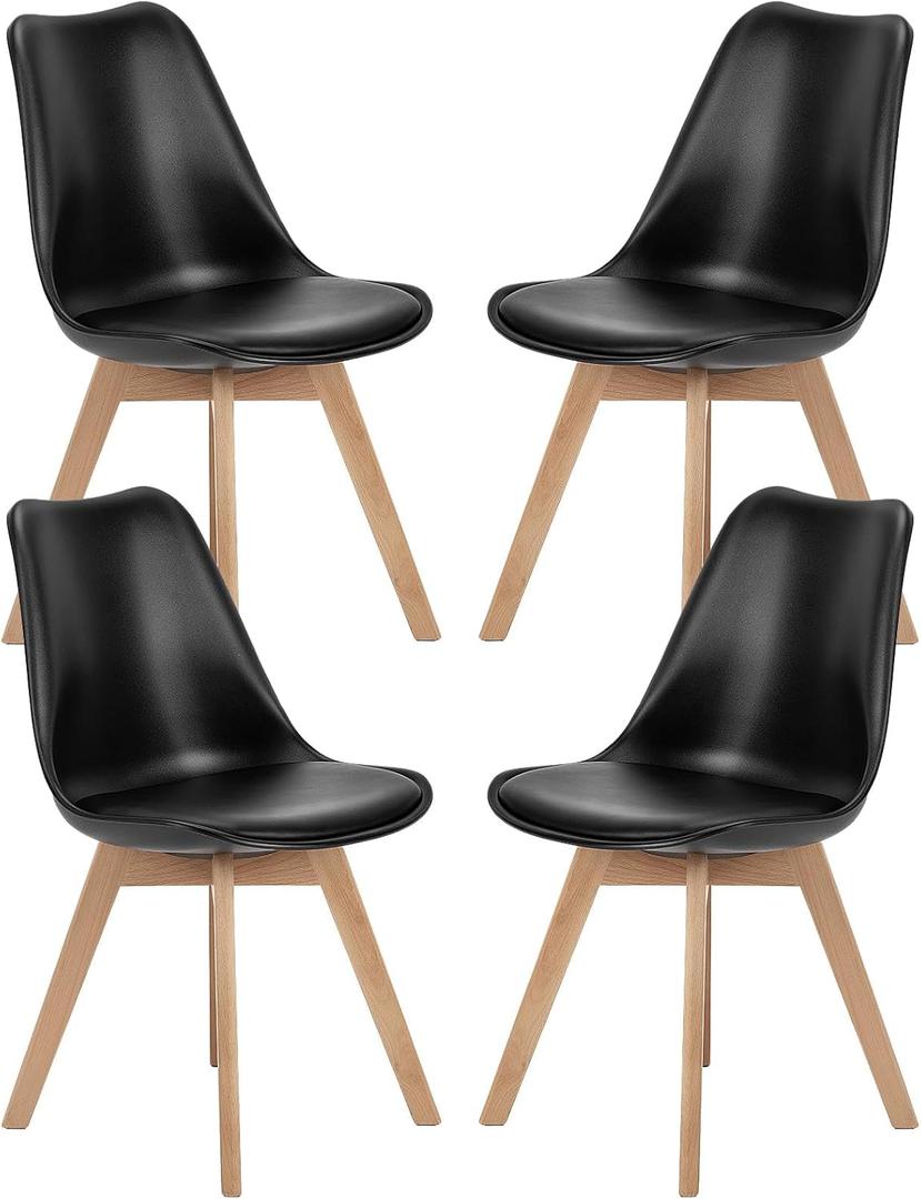 Hesham Side Chair Set of 4 Dining Kitchen Mid-Century Modern Dining Chairs with Wood Legs and PU Leather Cushion for Living Room Bedroom Outdoor Lounge, Kitchen, Black