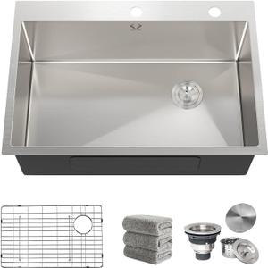 Kitchen Sink 30 x 22 Inch Drop-In Top Mount 16 Gauge Deep R10 Single Bowl 2-Hole Stainless Steel Kitchen Sink and Accessories (Pack of 4)