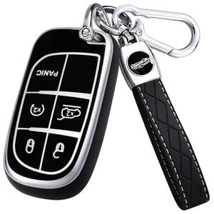 Key Fob Cover for Jeep - Premium Soft TPU Shell Full Protection Case with Keychain, Fits Grand Cherokee Compass Renegade Chrysler Dodge RAM Durango Challenger Journey Dart Fiat, Black-Silver, 5-Button