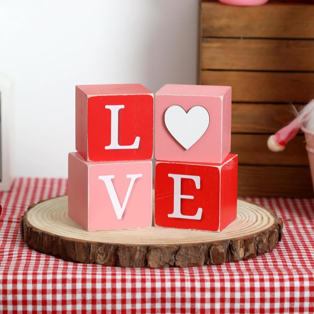 Valentine's Day Decor, 4pcs Love XOXO Wooden Blocks, Valentines Day Wood Love Sign Table Centerpiece for Home Valentines Day Gifts