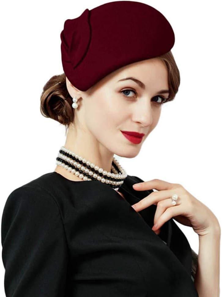 Vintage Women's Fascinators Wool Felt Pillbox Hat Ladies Hats for Church Derby Party Wedding Teardrop Hat Flower Fedoras (Wine Red)