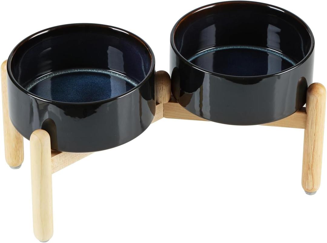 Havniva Ceramic 7.3inch Raised Double Bowls Set with Wooden Stand, Food & Water Bowls for Medium Breed Dogs, Weighted Dog Dishes, Pet Feeder(Starry Sky)