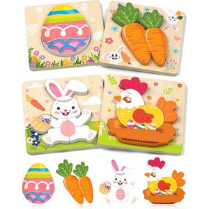 Oomloid Easter Wooden Puzzles Toddler Toys, 4 Pack Party Favors Baskets Essentials Birthday Gifts Montessori Toys Easter Basket Stuffers Puzzles for Toddlers Kids Girls Boys