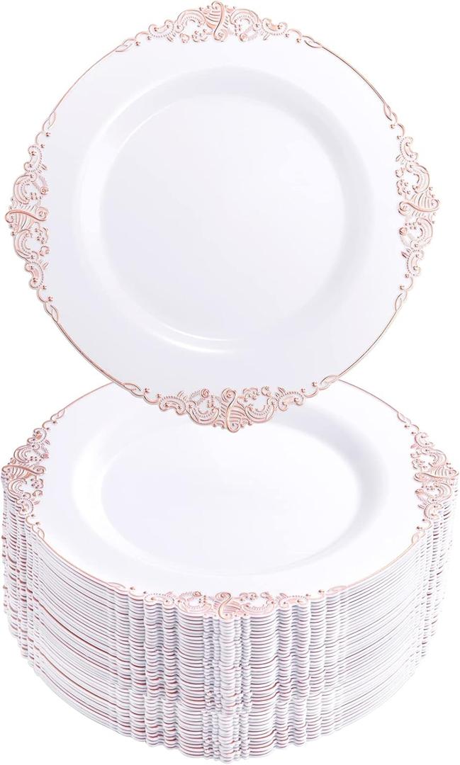 Morejoy 100pcs Plastic Plates - Disposable - 7.5 inch White and Rose Gold Dessert Plates for Weddings & Parties & Shower Modern