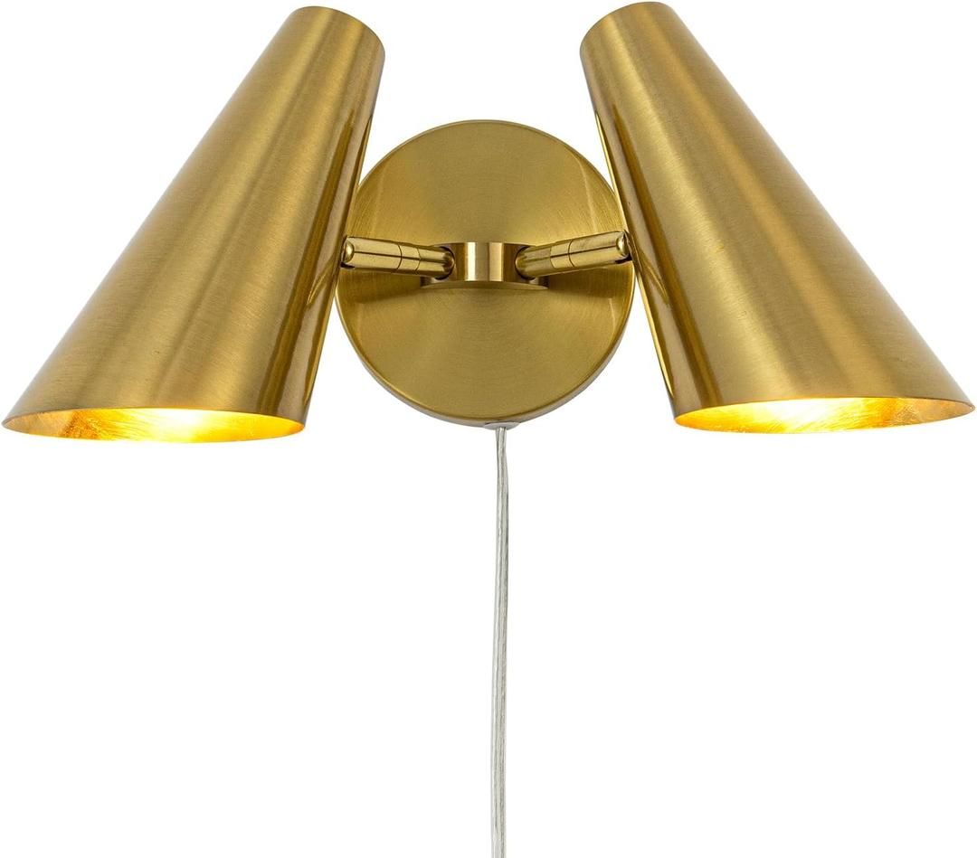 Ahaloye Gold 2-Light Plug in Wall Sconce, Modern Vanity Light Wall Lamp with Rotatable Lampshade Picture Light for Bedroom Living Room Bathroom Foyer