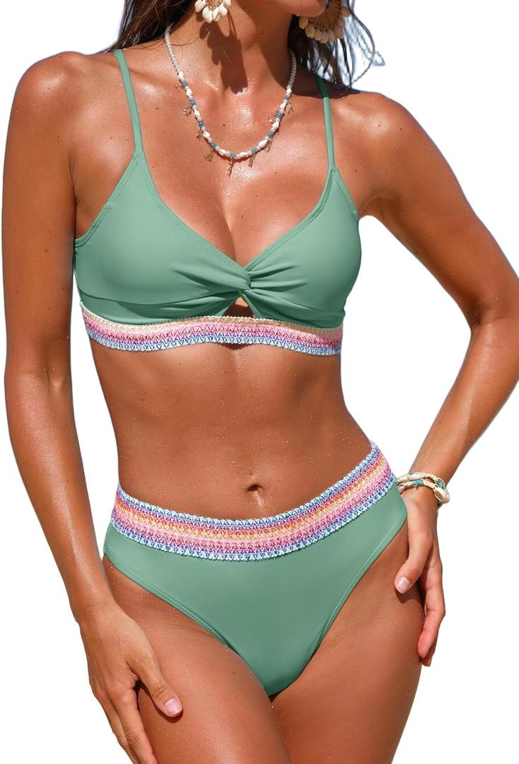 seamoly Bikini Sets for Women Tummy Control Color Block Swimsuit Twist Front Cut Out Sexy Two Piece Bathing Suit (Medium, Green)
