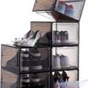 Attelite Shoe Box,Set of 6,Stackable Plastic Clear Shoe Box Organizer with Magnetic Door,Shoe Storage Box Thicken Sturdy,Easy Assembly,Fit up to US Size 12,Black (XL-6-pcs, Clear Black)