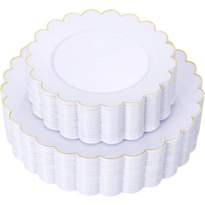 LIYH 60 Pcs White Scalloped Plastic Plates with Gold Rimmed - Gold Disposable Plastic Combo Plates Heavyduty Includes 30 Dessert Plate and 30 Dinner Plate Dishes Tableware for Birthday Party Wedding