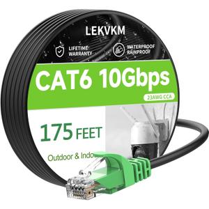 Cat 6 Ethernet Cable 175 ft High Speed 23AWG RJ45 Internet Cable for Outdoor & Indoor Support CAT6 Network Solid Black Computer LAN for PC175FEET Green Head