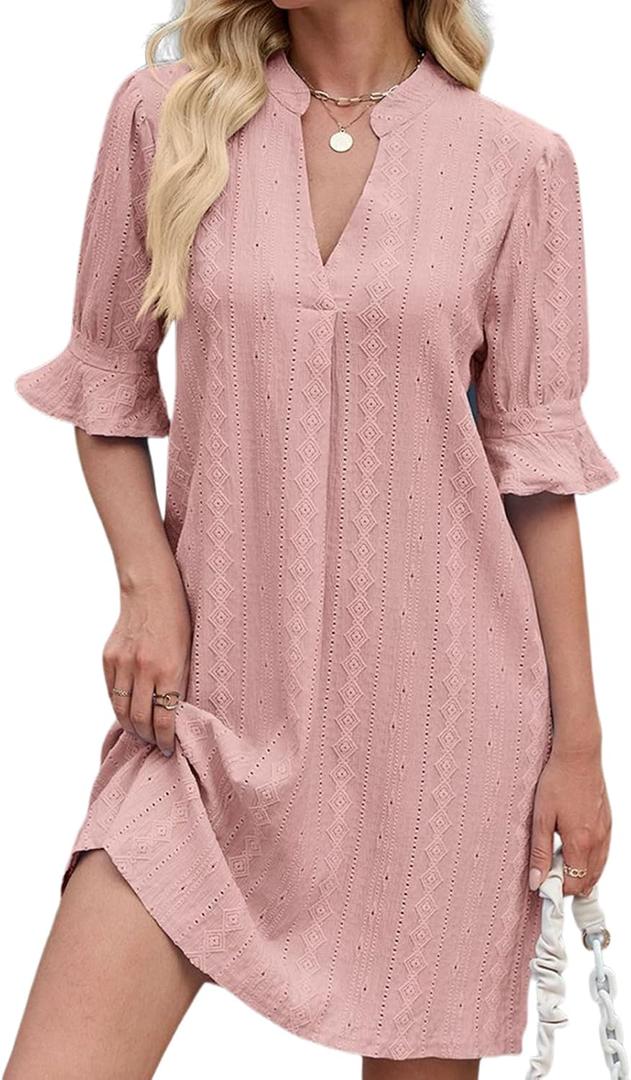 PerZeal Shirts Dress for Women V Neck Short Sleeves Casual Flowy Summer Beach Vacation Shifts (Pink, XXL)