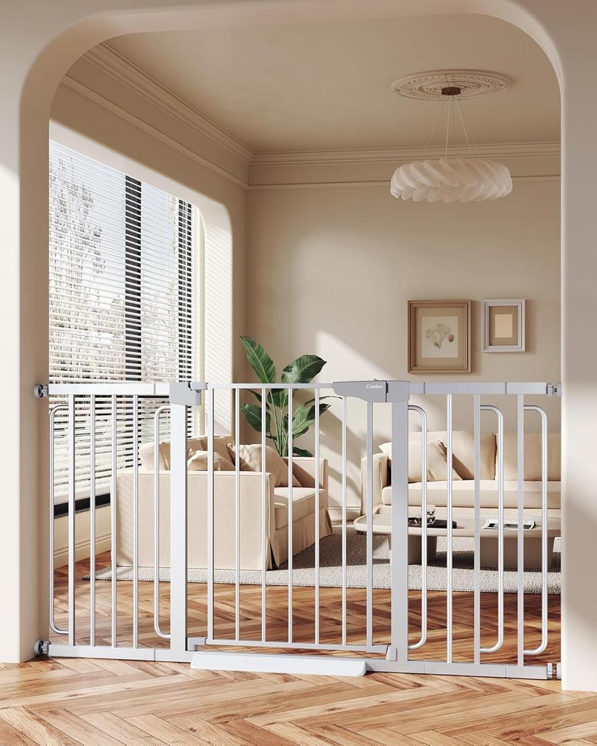 Cumbor 29.7-57" Extra Wide Baby Gate for Stairs, Mom's Choice Awards Winner-Dog Gate for Doorways, Pressure Mounted Walk Through Safety Child Gate for Kids Toddler, Tall Pet Puppy Fence Gate, Silver (29.7-57"W x 30.5"H)