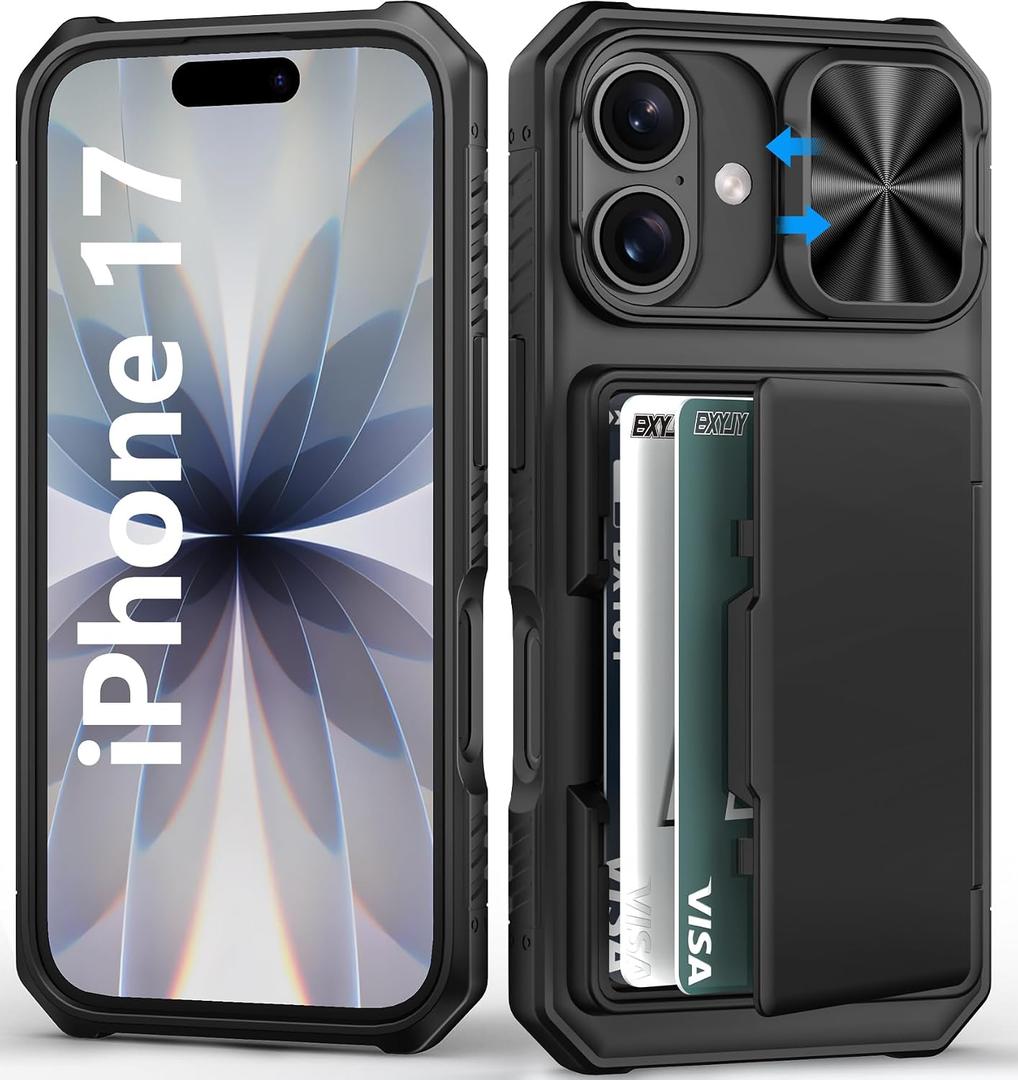 BXYJY for iPhone 17 Case Wallet, Card Holder (4-5 Cards), Slide Camera Cover, Military Drop Protection, Rugged Heavy Duty Men Women Shockproof Protective Phone Case for iPhone 17 6.3" 2025, Black