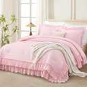 Andency Pink Ruffle Comforter Full Set, 3pcs Vintage Farmhouse Shabby Chic Bedding Comforter Set, Soft Lightweight Fluffy Bed Comforter Sets All Season Bedding Set (Full(79"x90"))
