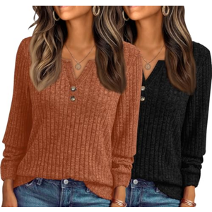 KILISU Long Sleeve Shirts for Women V Neck Lightweight Sweaters Fall Tops Tunic Cute Casual Loose Fashion Clothes 2025. Large