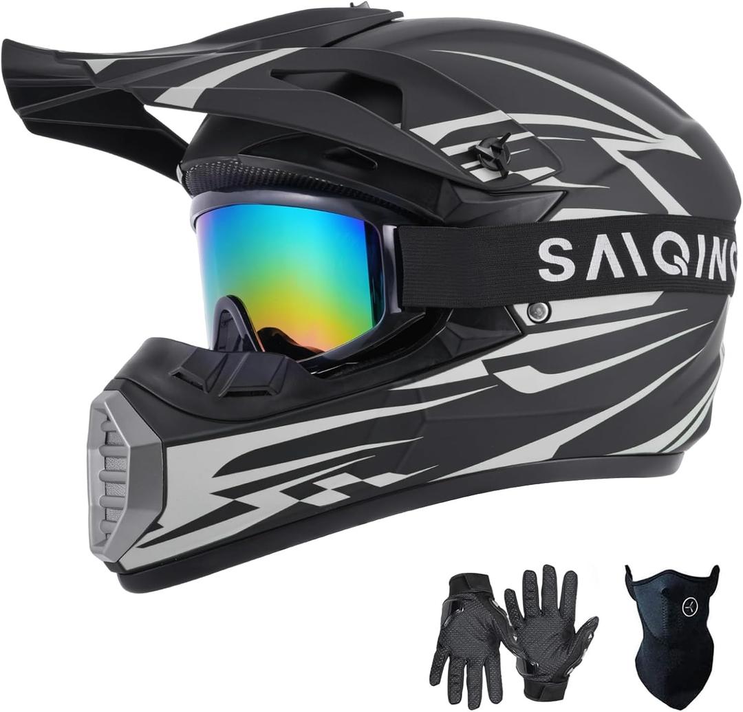SanQing Youth Kids Motorcycle ATV Full Face Helmet DOT Approved | Ages 8-16 Dirt Bike Helmet for Motocross Off-Road 4-Wheeler UTV BMX Go Kart with Gloves, Goggles,Mask, Quick-Release Buckle