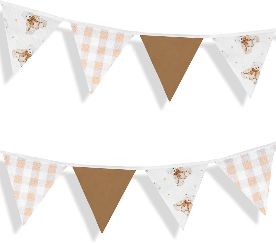 2 Pcs We Can Bearly Wait Banner Neutral Bear Garland Banner 9.2ft Boho Bear Baby Shower Decor Brown Gingham Fabric Pennant Flag Garland for Gender Reveal Birthday Nursery Room Decor
