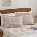 Tan Gingham Ruffle Pillow Cases 100% Washed Cotton Like Linen Feel Soft Comfy Standard Size Plaid Checkered Cute Fall Bedding Pillow Cover Shams Set of 2 Pack (20x26 Inches, Envelope Closure)