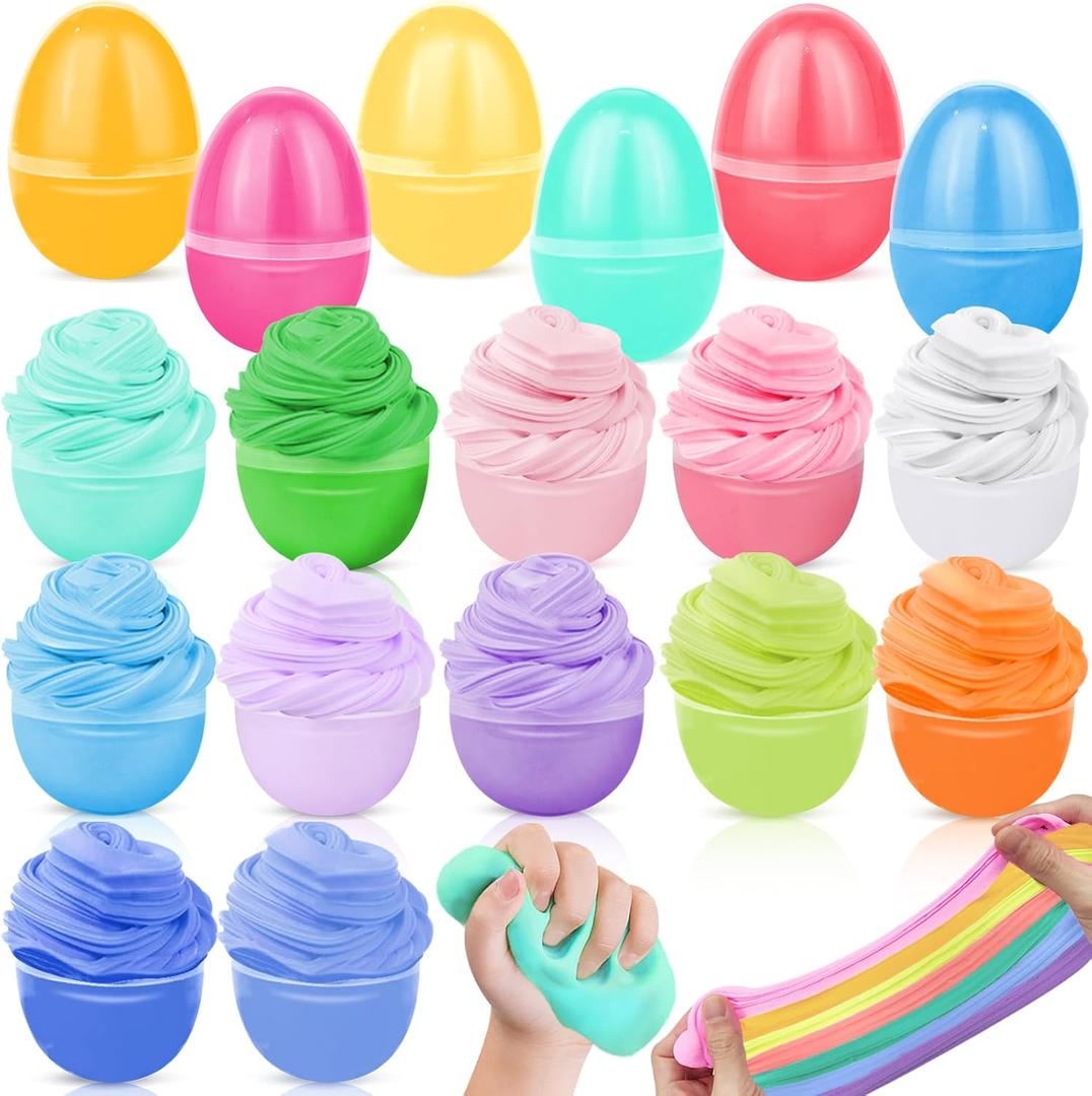 AMENON 18 Pack Pre-Filled Easter Basket Stuffers with Butter Slime Eggs Slime Kit Putty Stretchy Non-Sticky Stress Relief Toy Easter Egg Fillers Party Favor Gifts Classroom Prize for Kids Boys Girls