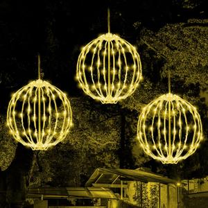 Set of 3 Christmas LED Light Balls, Hanging Tree Globe Lights - Fold Flat Metal Frame, Indoor/Outdoor Decoration (Warm White)