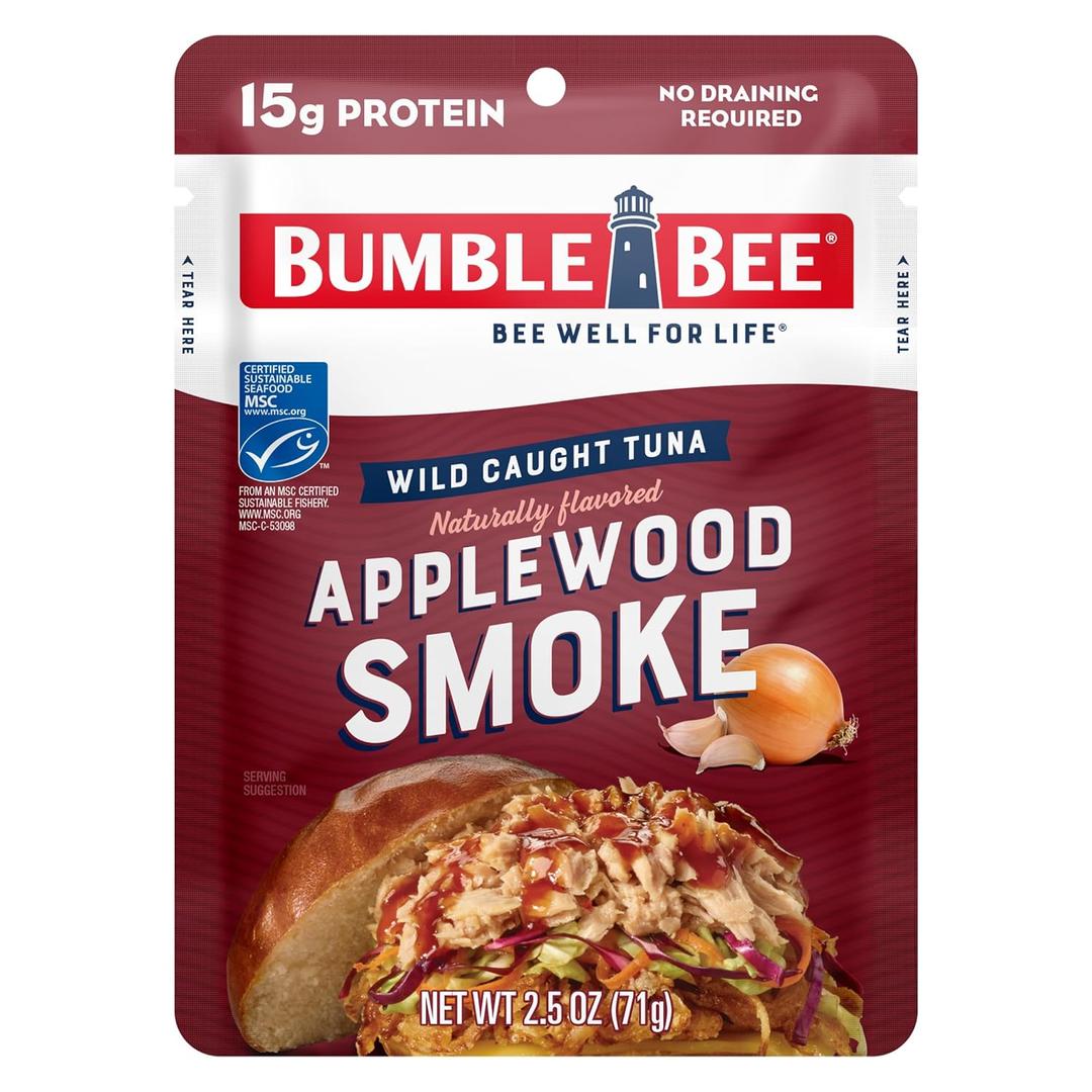 Bumble Bee Applewood Smoke Seasoned Tuna, 2.5 oz Pouch - Ready to Eat - Wild Caught Tuna Packet - 15g Protein per Serving - Gluten Free (EXP 10/31/26)
