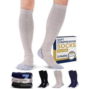 Pembrook Light Compression Socks for Men & Women - 3 Pairs | 8-15 mmhg Compression Dress Socks for Men | Support Socks (Large, Black/Tan/Navy - 3 Pairs)