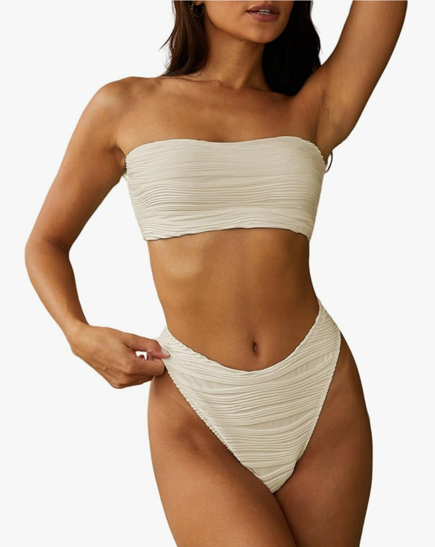 ZAFUL Women Strapless Textured Bandeau Bikini 2 Piece Swimwear Cheeky Solid Lace up Bathing Suits Size S