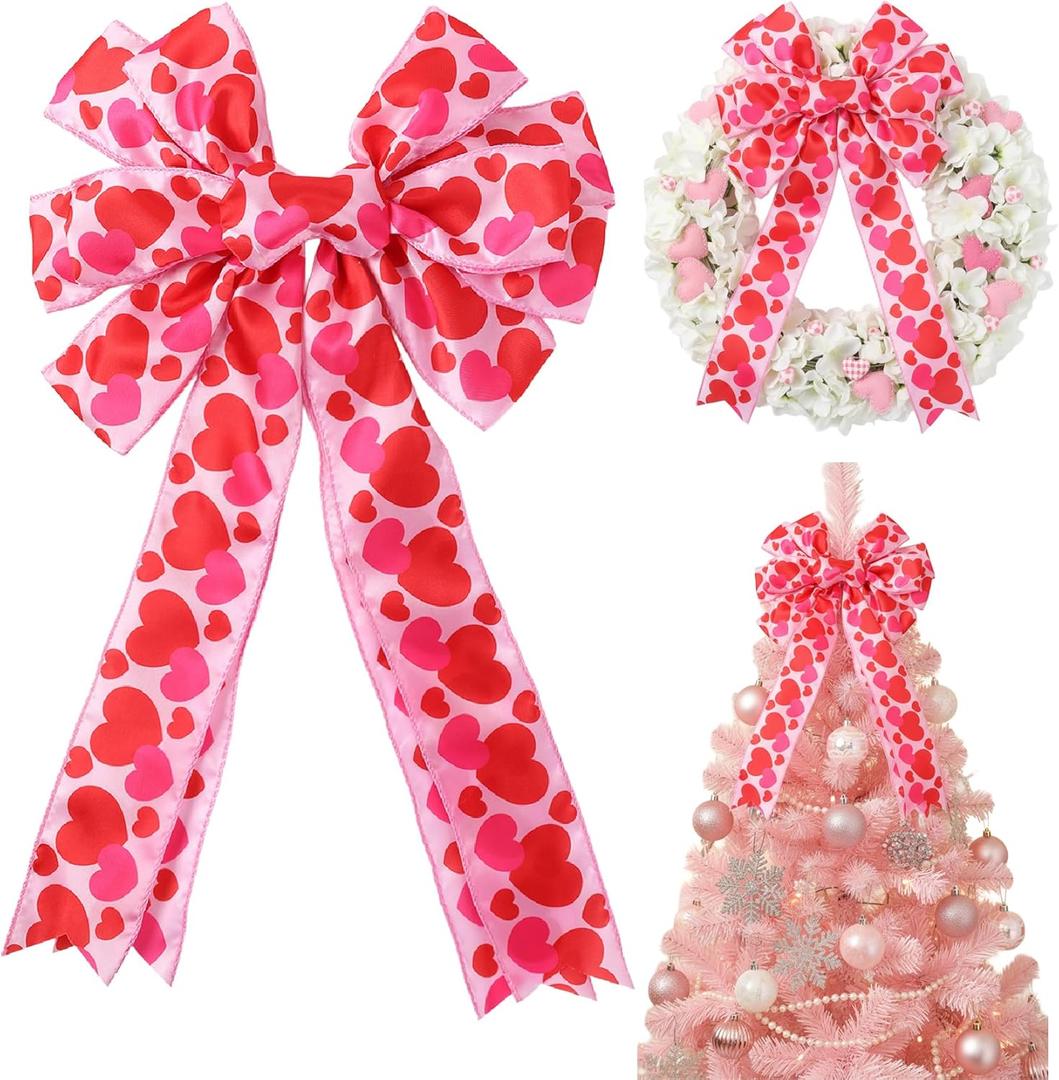 Valentine's Day Wreath Bow,11.4 x19.6 Inches Valentine Bows for Wreaths Decor Large Valentine Tree Topper Bow with Pink & Red Heart for Wedding Engagement Holiday Front Door Indoor Outdoor Decorations