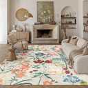 PureCozy Beige Area Rug 8x10 Floral Washable Living Room Kitchen Boho Carpet Non Slip Low Pile Indoor Accent Lightweight Soft Throw Rug for Bedroom Office Dining Room Nursery Farmhouse