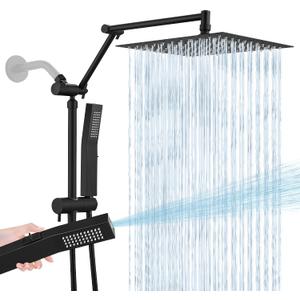 All Metal 10 Inch Rain Shower Head with Handheld Spray Combo, High Pressure Waterfall Rainfall Square Shower Heads with 16" Adjustable Extension Arm, Dual Showerhead with 3-Way Diverter, Matte Black