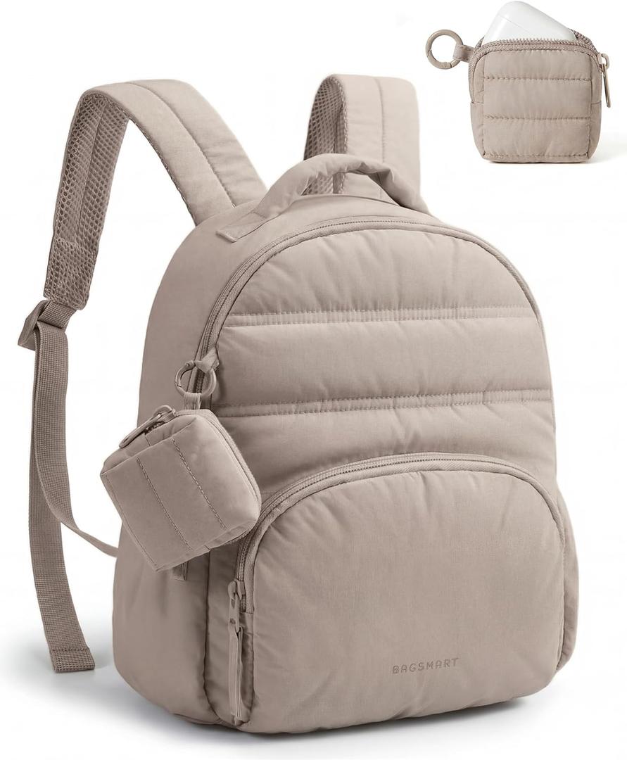 BAGSMART Small Backpacks for Women, Lightweight Puffer Mini Backpack Purse with Pouch, Quilted Casual Daypack, Water-Resistant Bookbag for Daily Travel College, 2-in-1 Set, Latte Brown
