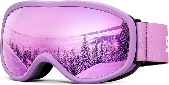 SPOSUNE Kids Ski Goggles, Kids Snowboard Goggles OTG Anti-Fog Snow Goggles for Boys Girls Youth Age 5-14 , Purple&pink Lens
