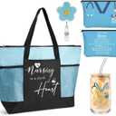 4 Pcs 2026 Nurse Week Gift Set Nursing Graduation Appreciation Gift for Women Including Nursing Tote Bag Nurse Themed 16oz Glasse Cup with Bamboo Lids Straw Makeup Bag Badge Reel