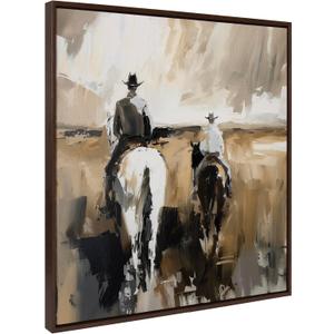 Kate and Laurel Sylvie Western Cowboy Horseback Ranch Abstract Neutral 2 Framed Canvas Wall Art by The Creative Bunch Studio; 30x30 Brown; Modern Abstract Cowboy Art for Wall