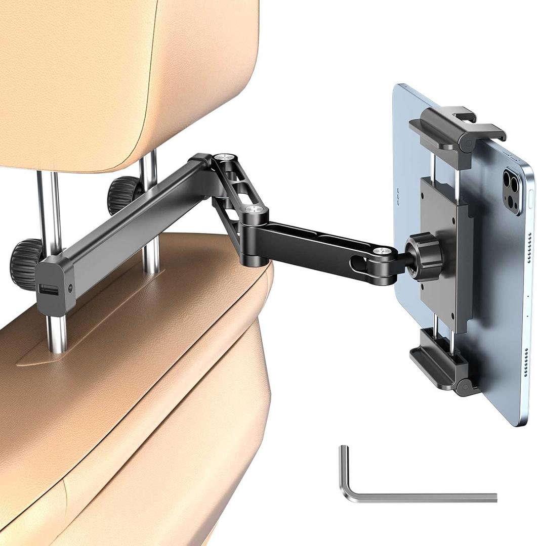 PLDHPRO Car Headrest Tablet Holder for Backseat, 3 in 1 Adjustable Aluminum Alloy Arm Tablet Mount for Back Seat, Road Trip Essentials for Kids for iPad, Galaxy, Fire HD, 5.1''-15.6'' Devices