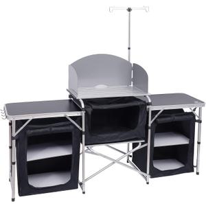 Nice C Camping Kitchen Table, Folding Grill Table, Upgrade Light Stand and Windshield Cooking Station & 3 Organizers, Carry Bag for Outdoor, Beach, BBQ, Picnic, Cooking, Indoor, Office(Silver)