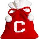 2 x Christmas Knit Drawstring Gift Bag Xmas Red and White Santa Sack with Alphabet Letter Design Reusable Wrapping Bag for Xmas Candy Goodie Party Favor 6.5 x 5.1 Inch Letter C