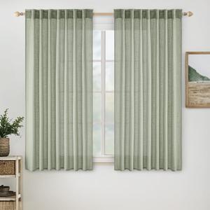 MIULEE Sage Short Linen Curtains 45 Inch Length 2 Panels for Kitchen Bedroom Bathroom,Green Soft Thick Linen Textured Window Drapes Semi Sheer Light Filtering Back Tab Rod Pocket Burlap Look Decor