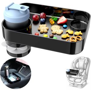 Car Seat Snack Tray for Kids, Mess-Free Square Travel Tray Cup Holder Snack Tray, Durable Car Food Tray for Toddlers, Universal Fit Kids Travel Road Trip Essentials (Black)